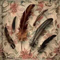 Vintage background with six feathers.