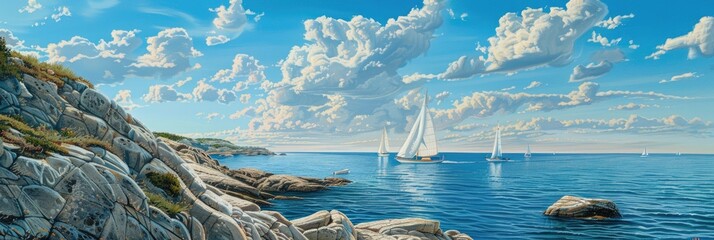 Wall Mural - Calm seascape featuring a rugged shoreline and distant sailboats beneath a partly cloudy sky, ideal for highlighting peaceful coastal charm.