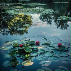 Poster - Water lilies bloom in a serene pond, reflecting the trees and sky.