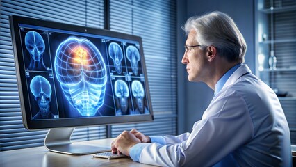 Doctor checking brain testing result with computer interface, innovative technology in science and medicine concept
