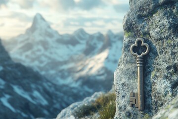 A giant key unlocking a door on a mountain peak, high resolution, detailed textures, crisp focus