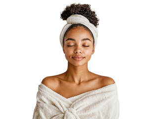 Portrait of a young African American woman wearing a towel and with her eyes closed. Cosmetology, beauty, and spa concepts, isolated on transparent background