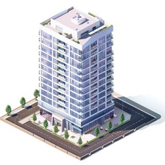 An isometric illustration showcases an urban apartment building, highlighting its architectural design and construction details, blending modern aesthetics with functional living spaces