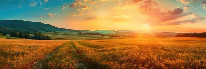 Wall Mural - Serene countryside landscape at dusk featuring a vast meadow beneath a sky shifting from orange to blue, with the setting sun illuminating the scene and fostering a calming vibe.