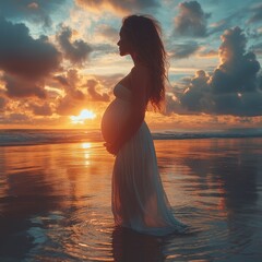 Wall Mural - Middleaged pregnant woman on a beach walk at sunse  046 woman, beach, sea, sunset, beauty, summer, dress, ocean, sky, water, silhouette, sun, people, nature, person, fashion, sunrise, body, coast, mod