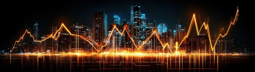 A dynamic city skyline with an abstract financial graph glowing in orange, symbolizing growth and investment opportunities.