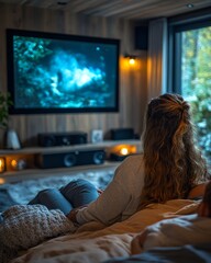 Wall Mural - A couple enjoying a movie night with a smart home   087 room, home, tv, sofa, television, interior, woman, watching, couch, living, furniture, people, screen, sitting, house, couple, child, lcd, livin