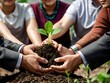 © Rafli - business people planting and protecting small shoots by hand, collection of business people holding small shoots