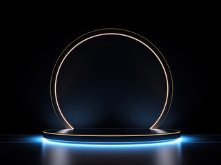 Poster - abstract podium with glowing rings on dark background