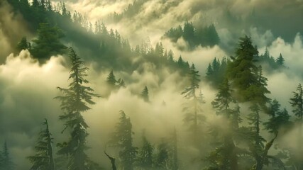 Canvas Print - Fog envelops a mountain with tall trees in the foreground, Wisps of fog weaving through a forest of towering trees