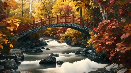 Sticker - A stone bridge with red railings spans a swiftly flowing stream in a forest with autumn leaves in vibrant reds and yellows A bridge over a bubbling stream surrounded by crimson and gold trees