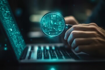 Wall Mural - search engine optimization seo, data searching technology. man's hands typing on laptop computer to 