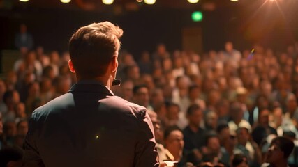 Poster - A businessman stands on a stage, facing a large audience, giving a presentation A businessman giving a presentation in front of a large audience