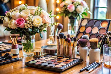 Assortment of high-end cosmetics and brushes laid out on a table, ready for a professional makeup application for a luxurious wedding event.