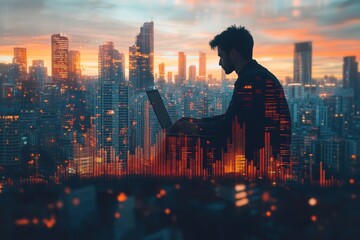 Business finance and investment concept. Double exposure of businessman working on laptop computer and the city with financial graph for business and technology, Generative AI