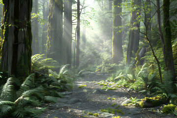 Sticker - Sunlight streams through a dense, mossy forest, illuminating a path leading deeper into the woods.