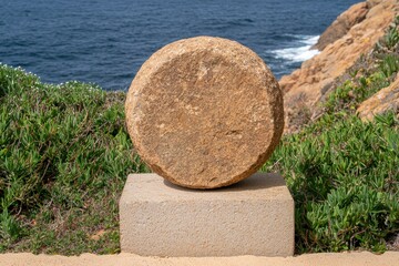 Poster - Smooth rock sculpture on coastal landscape