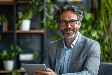 Closeup portrait smiling mature European Latin businessman holding tablet gadget sitting in office looking at camera. Middle aged man manager using digital device app. Generative AI