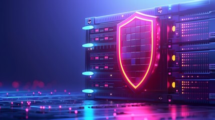 A glowing shield protecting a server room, symbolizing cybersecurity and data protection in a digital network environment.