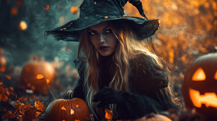 Enchanting Halloween Witch Amidst Glowing Jack-O’-Lanterns in a Mystical Forest