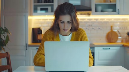 Hipster young woman working from home at a kitchen table, using a laptop with a blank screen for online learning, captured in a close-up over the shoulder.