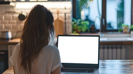 Hipster young woman working from home at a kitchen table, using a laptop with a blank screen for online learning, captured in a close-up over the shoulder.