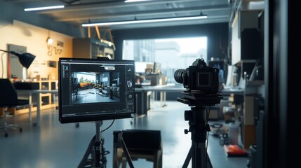 A professional camera setup in a modern studio, capturing footage on a monitor.