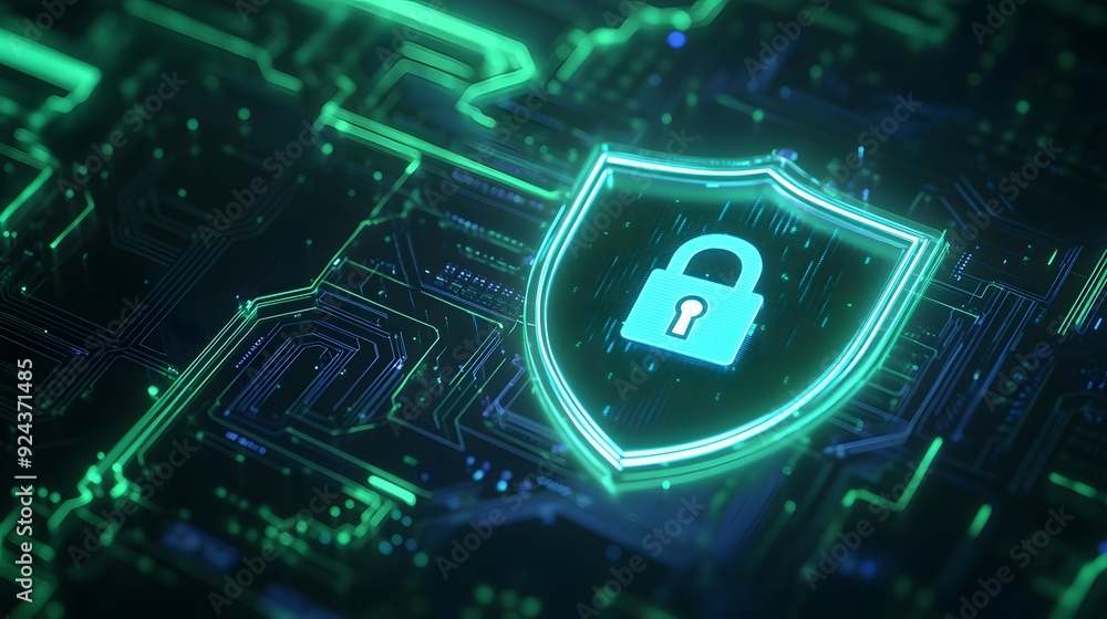 Cybersecurity concept with a glowing shield and lock symbol ...