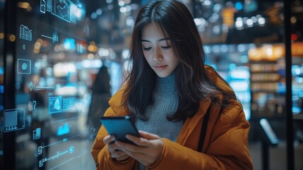 Wall Mural - internet of things iot, e-commerce concept. woman using mobile phone with internet network connectio