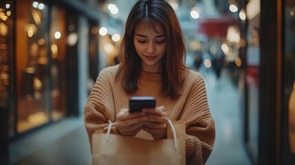 Wall Mural - Internet of Things IoT, E-commerce concept. Woman using mobile phone with internet network connection via mobile apps, digital marketing, online shopping and mobile, Generative AI