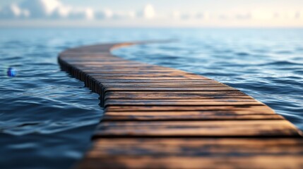 A wooden walkway extends into a vast blue ocean under a cloudy sky, suggesting a journey into the unknown.