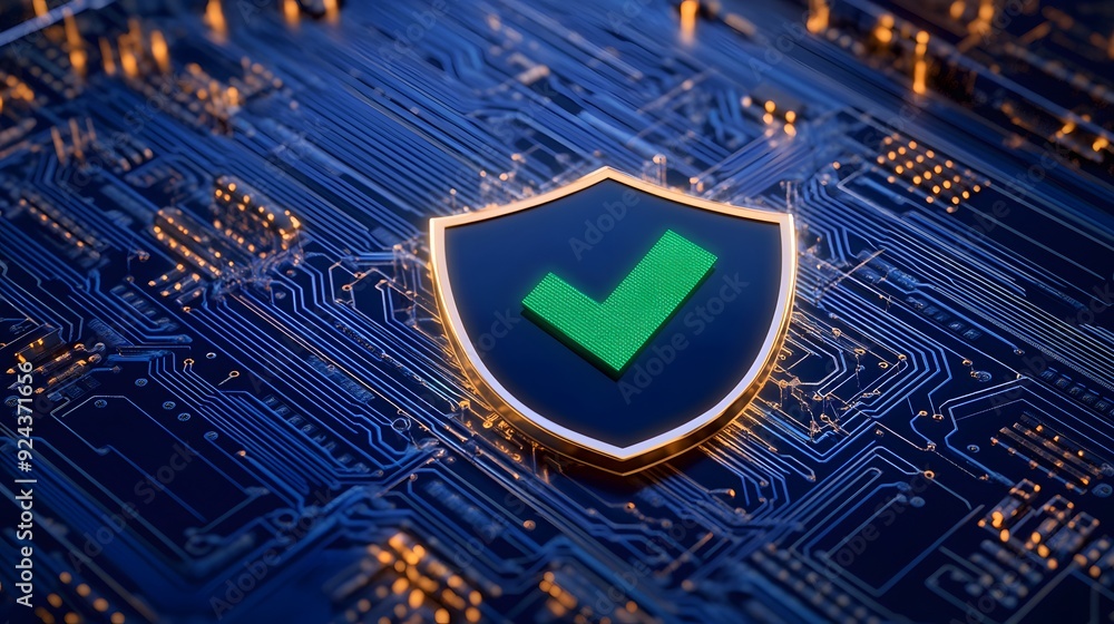 Cybersecurity concept with a shield and checkmark on a digital circuit ...