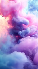 Wall Mural - Color mist flow. Ink water splash. Defocused fluorescent purple pink vapor wave abstract art background with free space, Generative AI