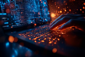Wall Mural - computer programmer programming on laptop with data science, futuristic technology background, digit