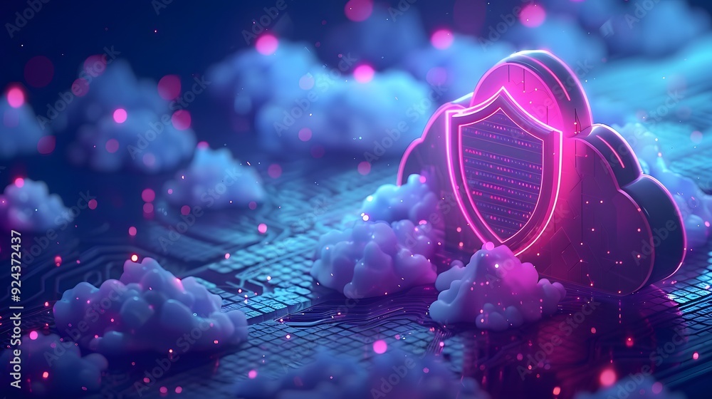 Digital cloud computing security concept with a glowing shield and ...