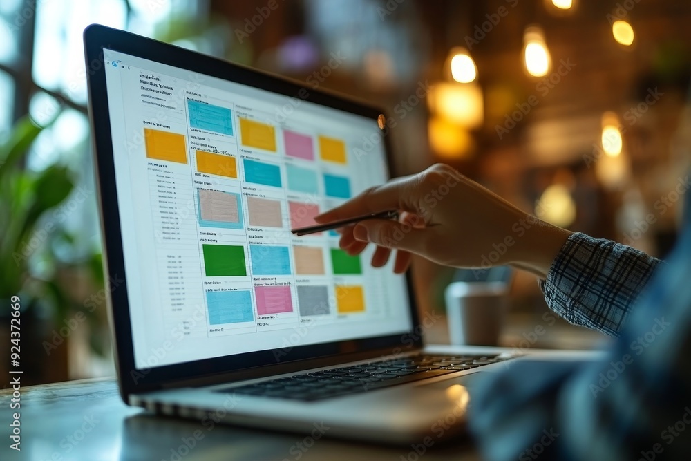 Business developer using Kanban board framework on laptop computer ...