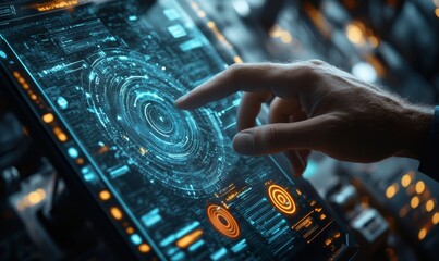 Wall Mural - data science. man programmer using digital tablet computer analyzing and develop software on futuris