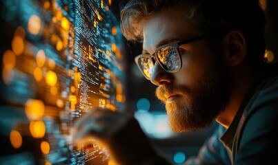 Wall Mural - data science. man programmer using digital tablet computer analyzing and develop software on futuris