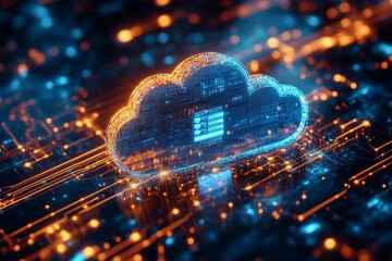 Wall Mural - cloud and edge computing concept. modern it technology on virtual screen, data backup with edge comp
