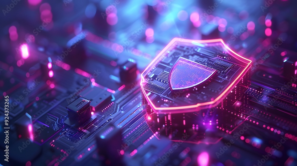 Digital cybersecurity concept with a glowing shield symbol protecting a ...