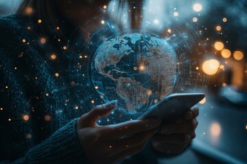 Wall Mural - digital technology, internet global network connection, data exchange concept. person touching on mo