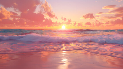 Wall Mural - Pink sunset over calm ocean with a few waves breaking on the shore.