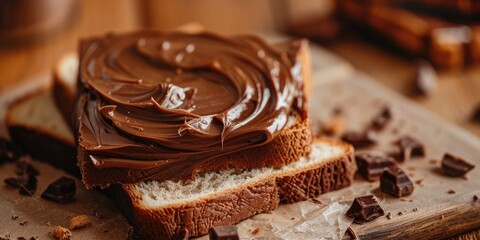 Sticker - Chocolate butter slices on the table preparing a delicious homemade dessert with white bread