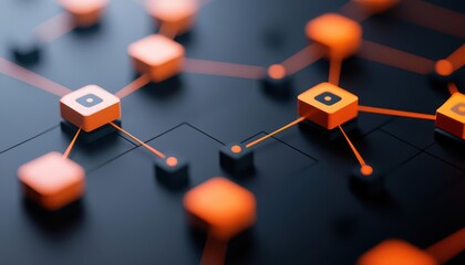 Abstract network design featuring vibrant cubes and interconnected lines in orange and black tones, symbolizing digital innovation.