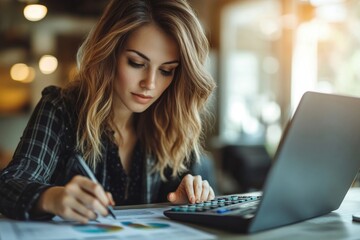 Wall Mural - Business woman calculating monthly expenses, managing budget. Woman sitting at table using calculator to calculate tax refund, working at office with laptop computer on table, close, Generative AI