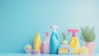 © Aris Suwanmalee - Colorful cleaning products and a potted plant on a blue background.  Perfect for a commercial or advertisement for cleaning supplies.