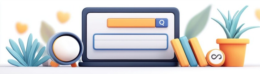 Search engine homepage, 3D interface with search bar, flat design illustration