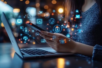 Wall Mural - internet of things iot, e-commerce concept. woman using mobile phone with internet network connectio