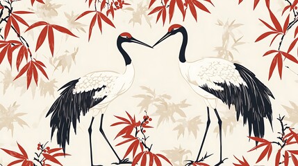 Japanese seamless pattern featuring cranes and bamboo in a retro style, ideal for textile and background designs