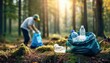 © H - Personas juntando basura en el bosque, cuidado del medio ambiente